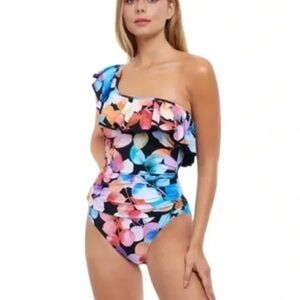 New! Profile by Gottex Color Rush Black‎ Ruffle One Shoulder One Piece Swimsuit